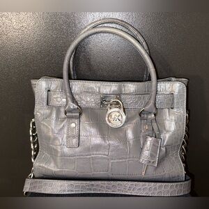 Michael Kors Hamilton gray crocodile embossed shoulder satchel purse